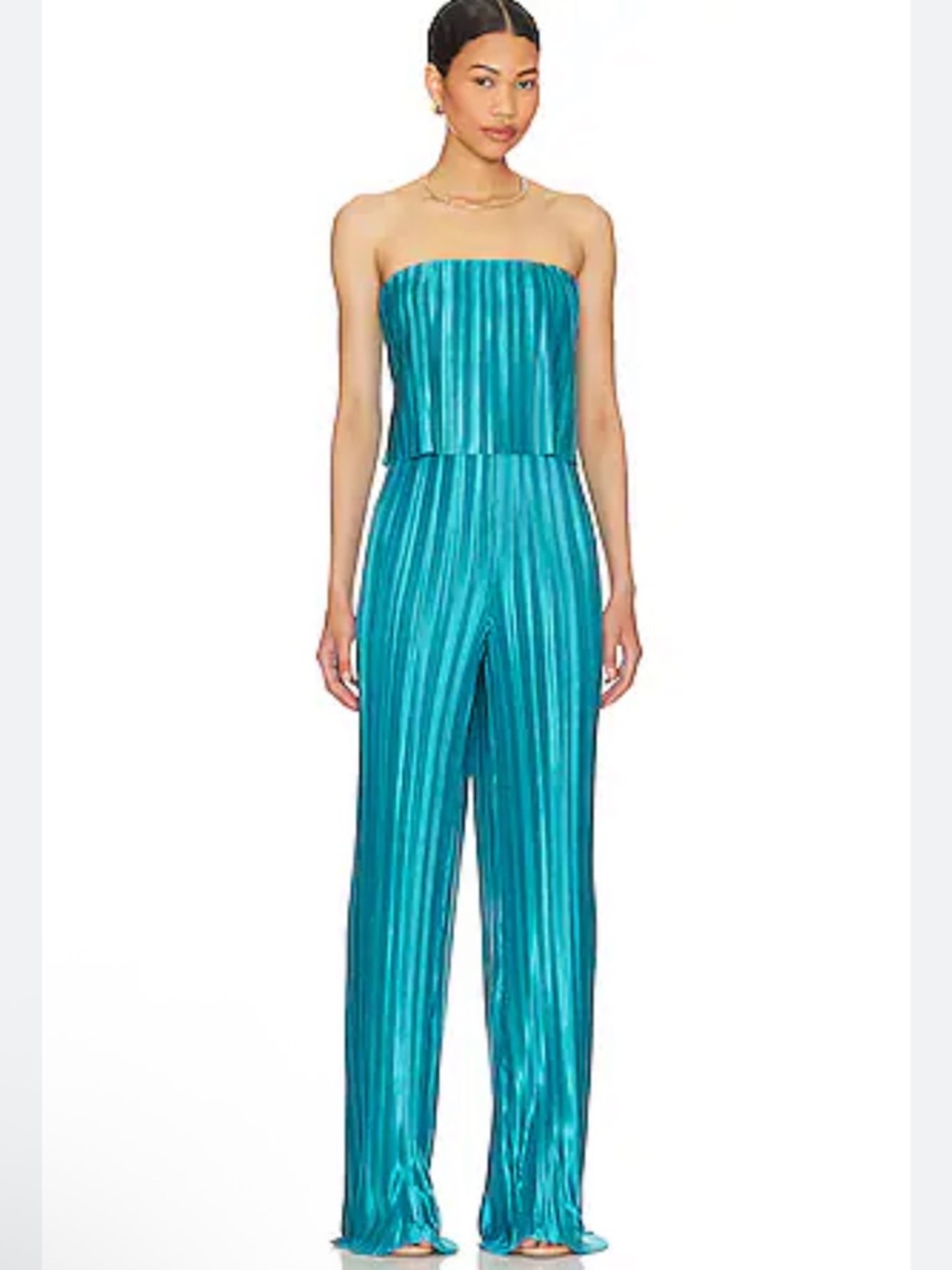 Amanda Uprichard Collina Strapless Pleated Jumpsuit Maui Metallic Blue NWT $260